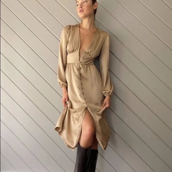 Aritzia Wilfred Maxine Midi Dress Satin Navy Blue Size Small - Picture 9 of 9